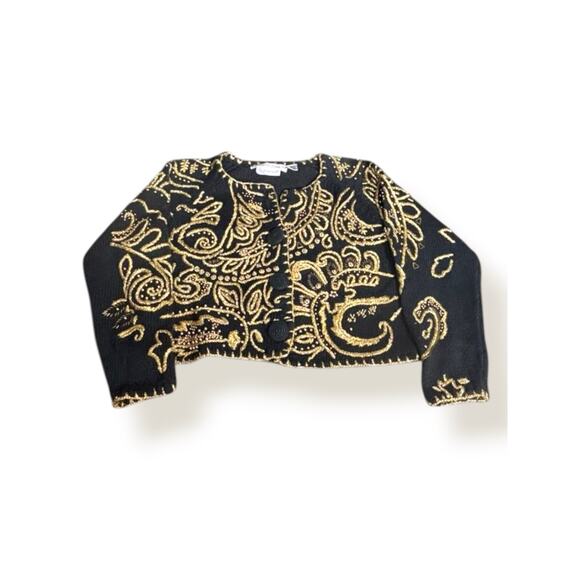 Michael Simon Sweaters - Vintage 90s Michael Simon Black Gold Metallic Embroidered Cropped Knit Cardigan